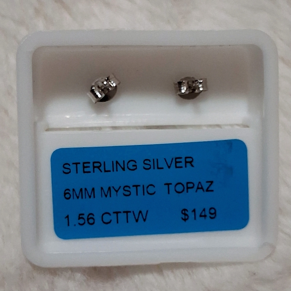 925 Sterling Silver & Mystic Topaz Round Pushback Stud Earrings - Picture 2 of 2